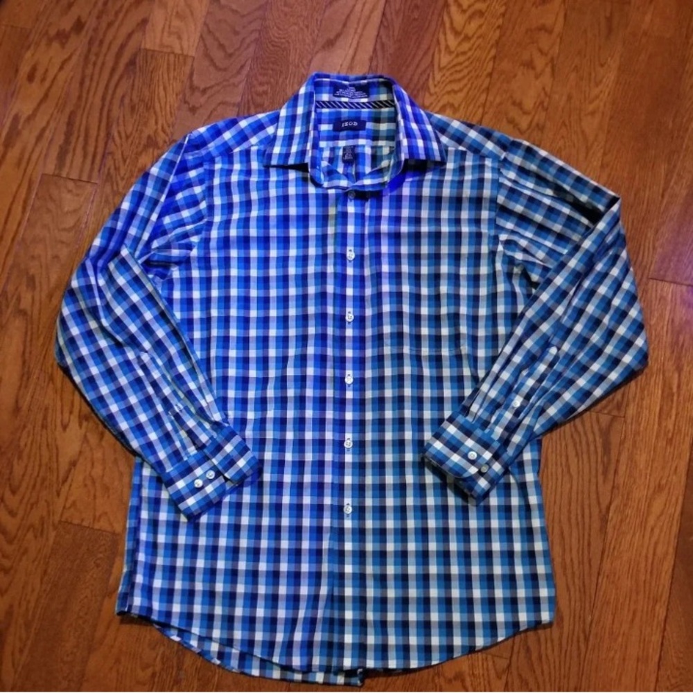 Izod Blue and White Plaid Dress Shirt